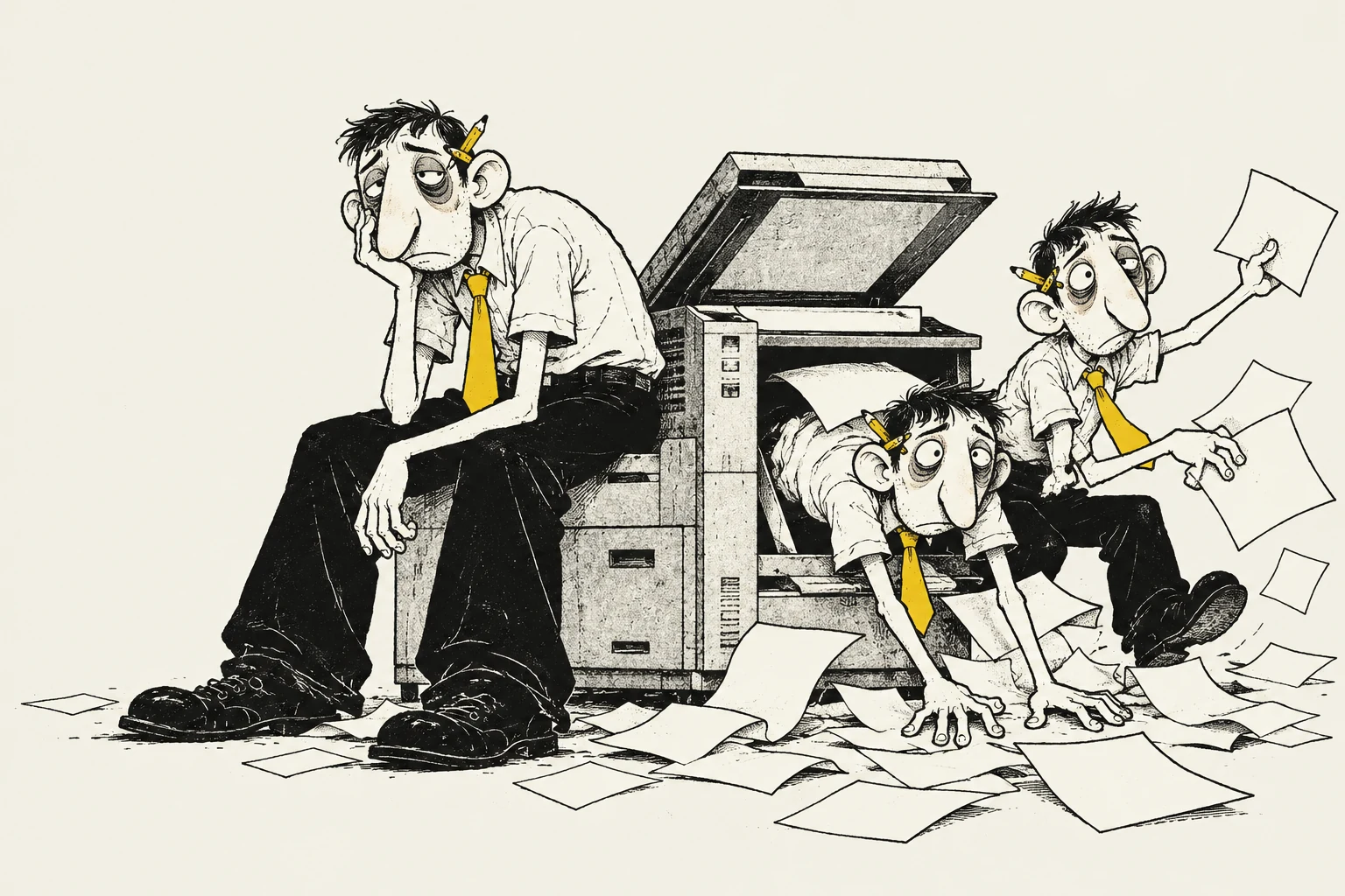 Three tired, yellow-tied Mannys around an industrial copier, including a fresh copy crawling out of its tray.