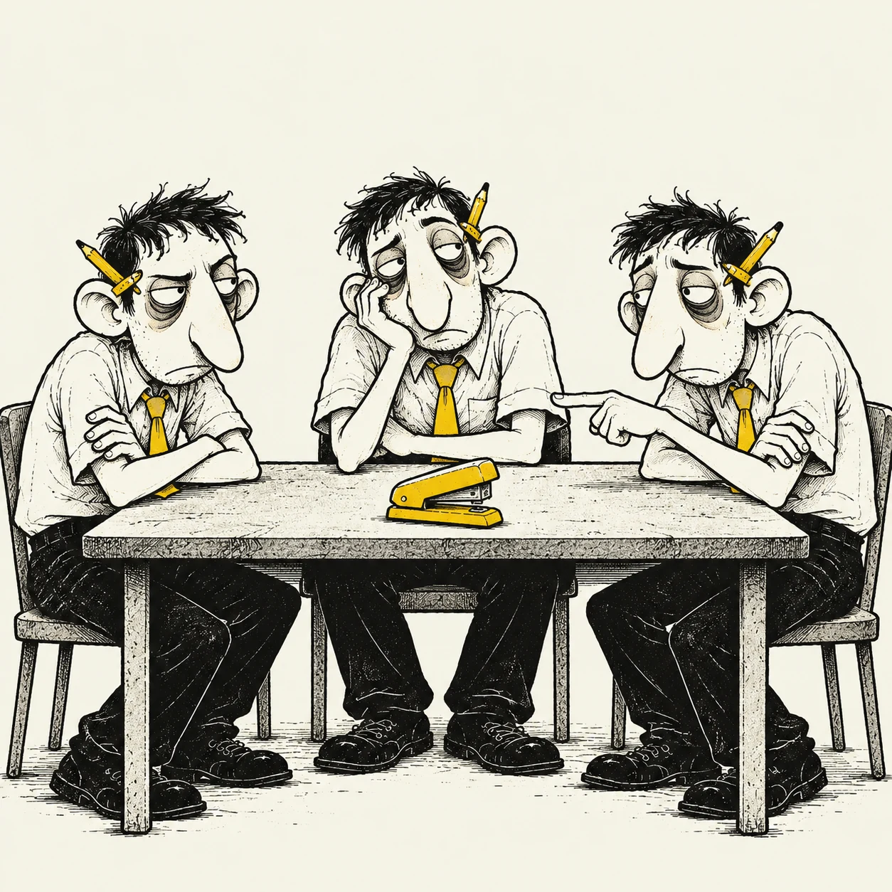 Three identical Mannys holding a serious dispute over a single yellow stapler.