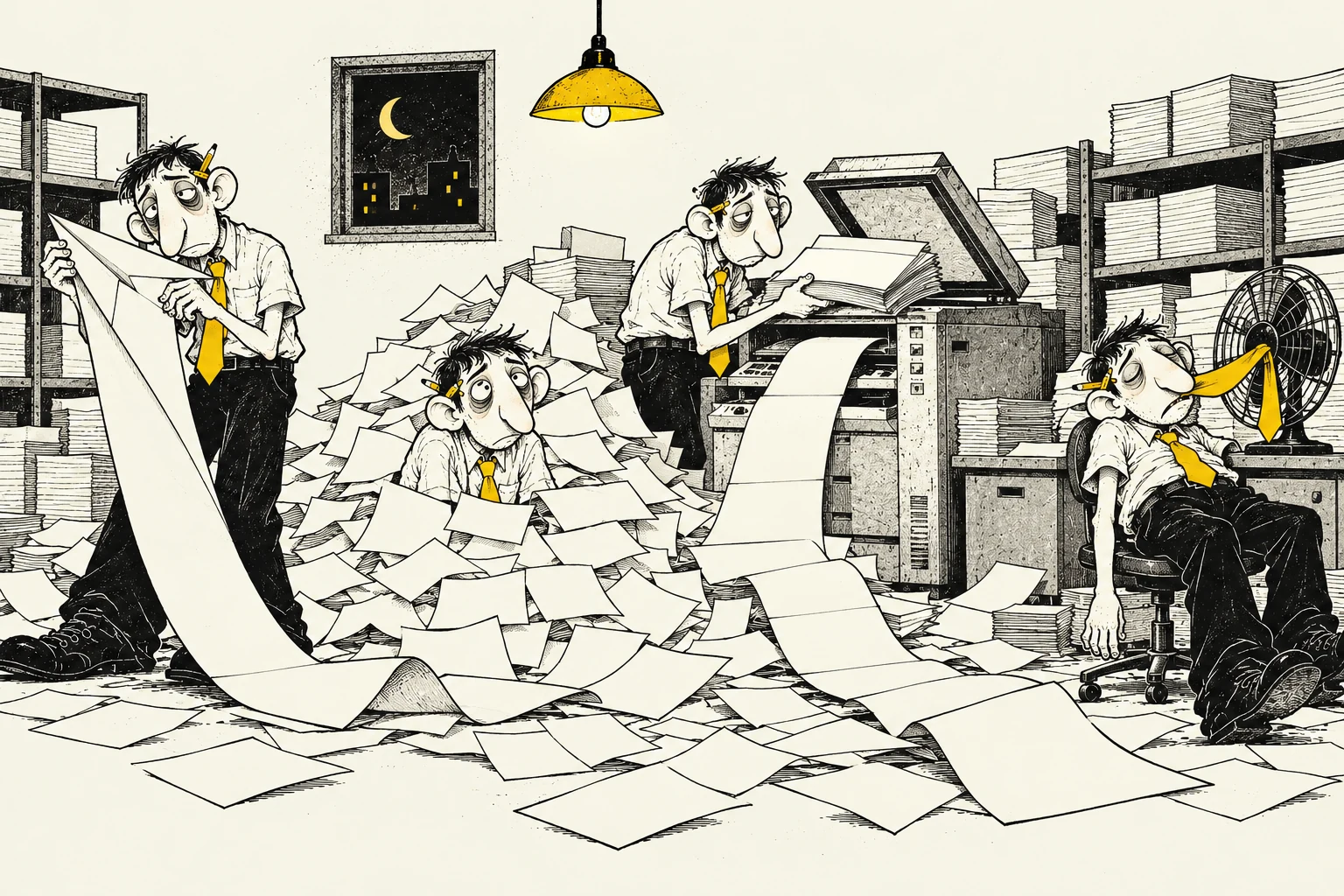 Four identical Mannys on the night shift under a yellow lamp: one reading a long printout, one buried in a paper pile, one loading the copier and one asleep in front of a fan.